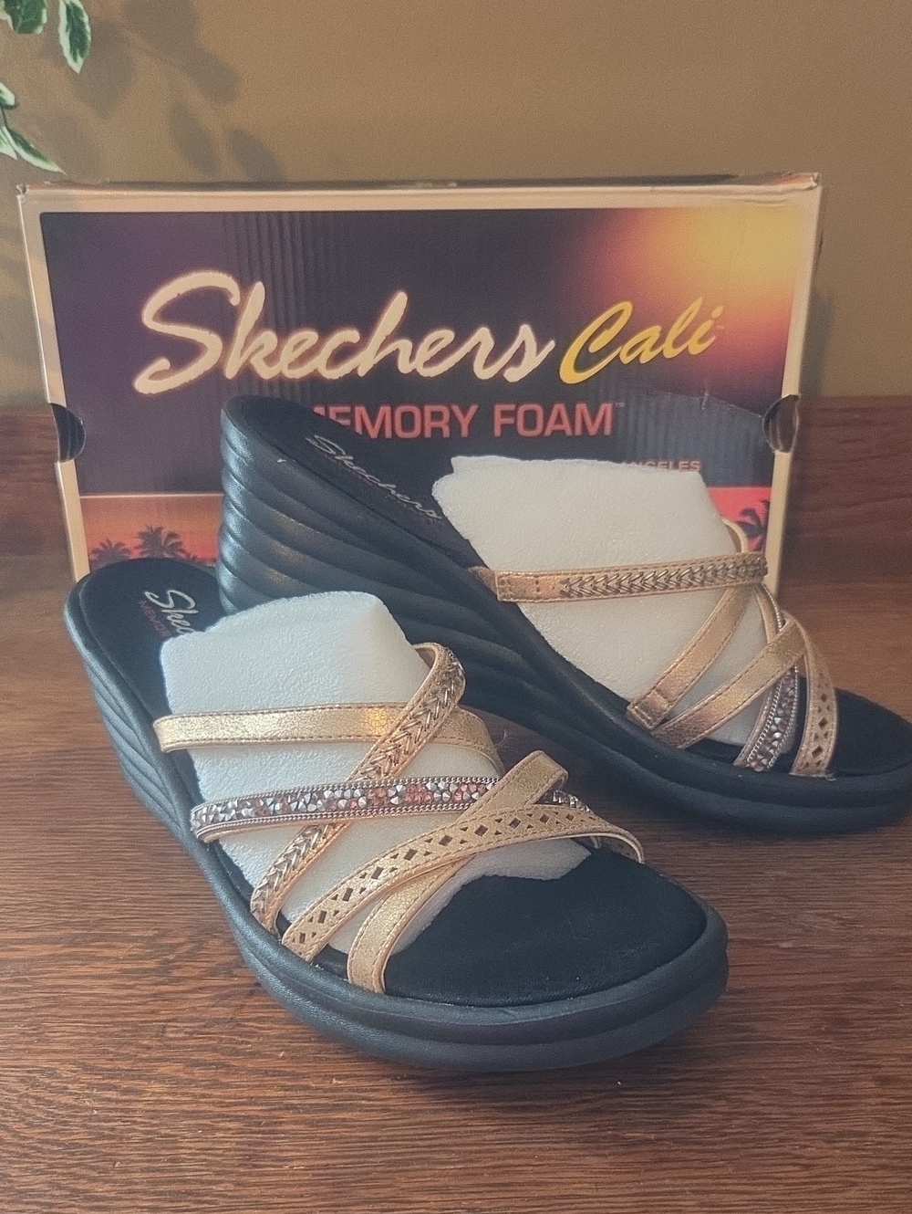 Skechers Women's Metallic Rose Gold Strappy Wedge Sandals